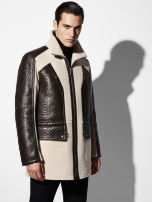 Men Fur Coat With Python Leather Trim