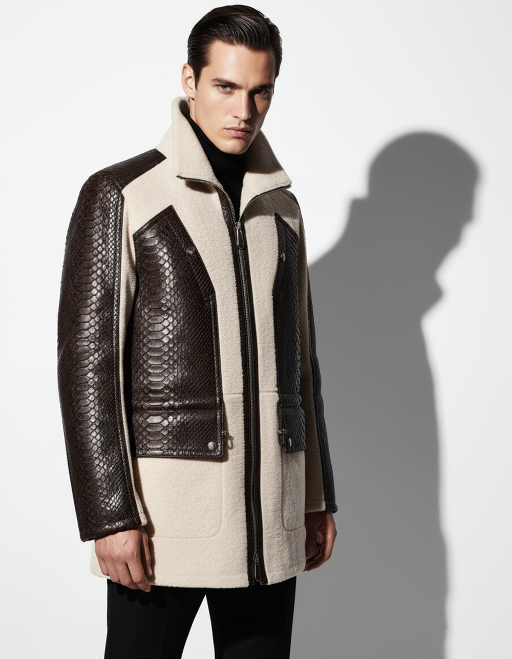 Men Fur Coat With Python Leather Trim