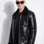 Black Python Shearling Aviator Jacket