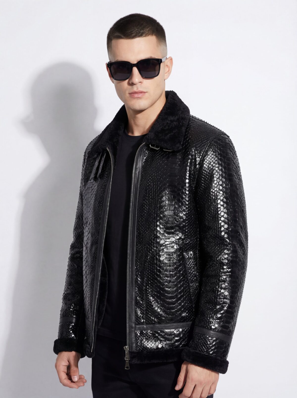 Python Leather Black Shearling Aviator Fur Jacket
