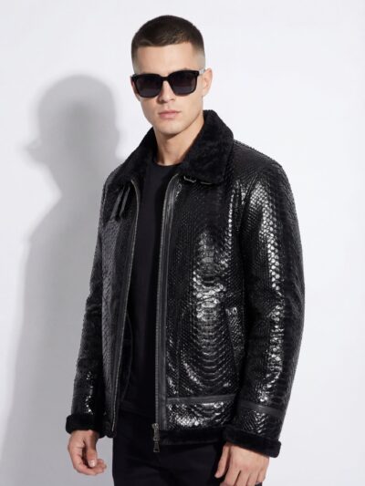 Python Leather Black Shearling Aviator Fur Jacket