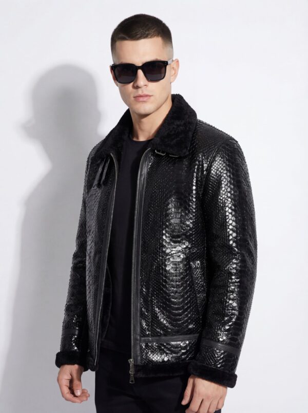 Python Leather Black Shearling Aviator Fur Jacket