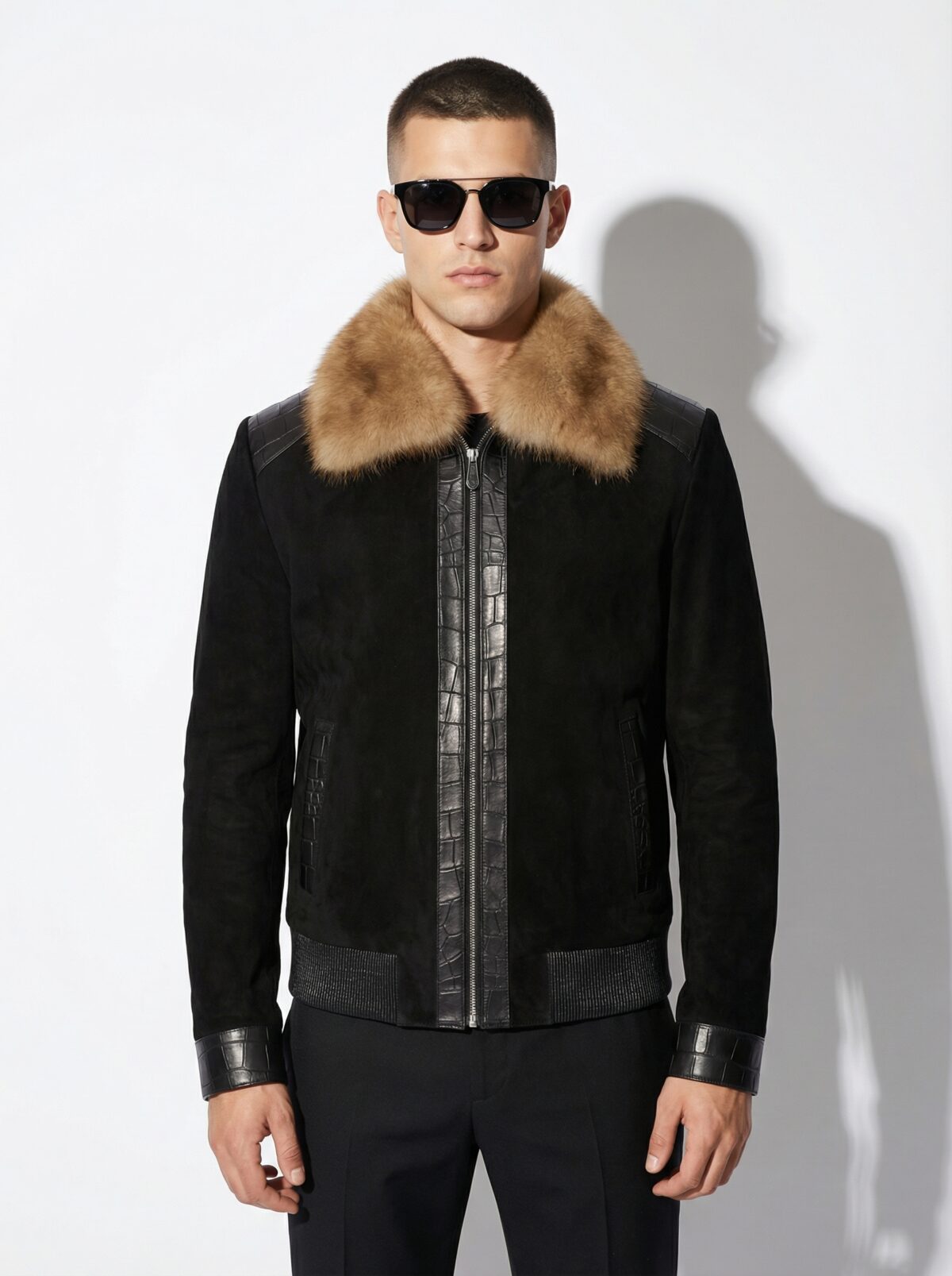 Sable Fur Collar Mouton Fur Lining Suede Jacket