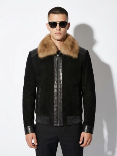 Sable Fur Collar Mouton Fur Lining Suede Jacket