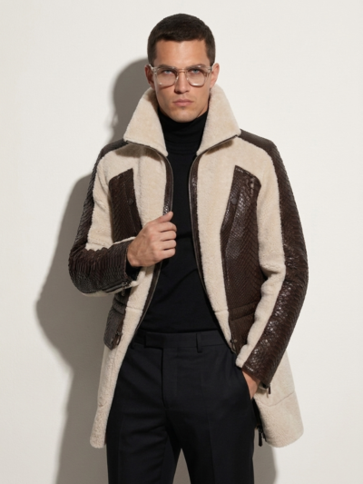 Men Fur Coat With Python Leather Trim