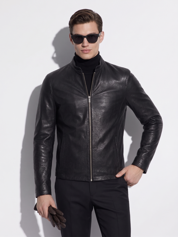 Textured Lambskin Leather Moto Jacket