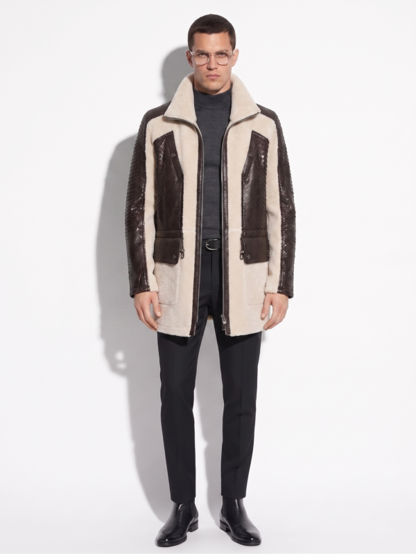 Men Fur Coat With Python Leather Trim