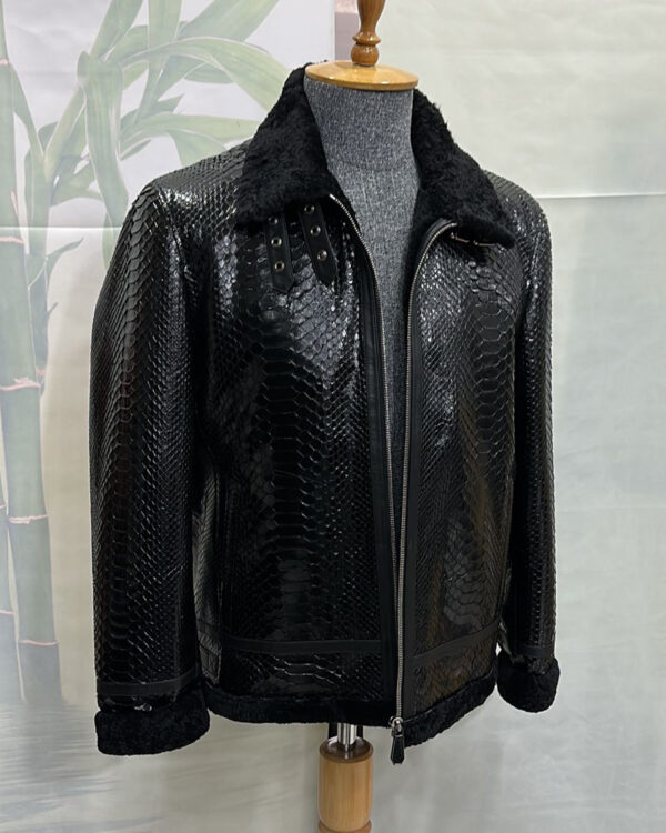 Python Leather Black Shearling Aviator Fur Jacket