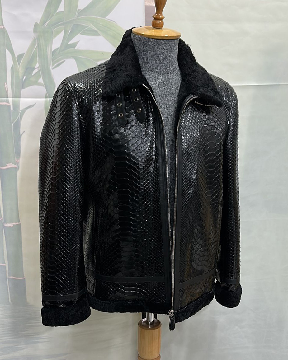 Python Leather Black Shearling Aviator Fur Jacket