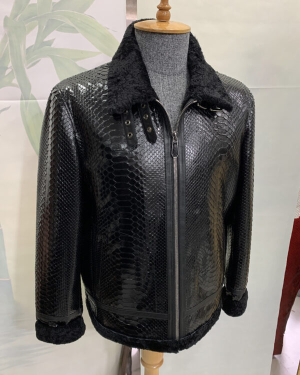 Python Leather Black Shearling Aviator Fur Jacket