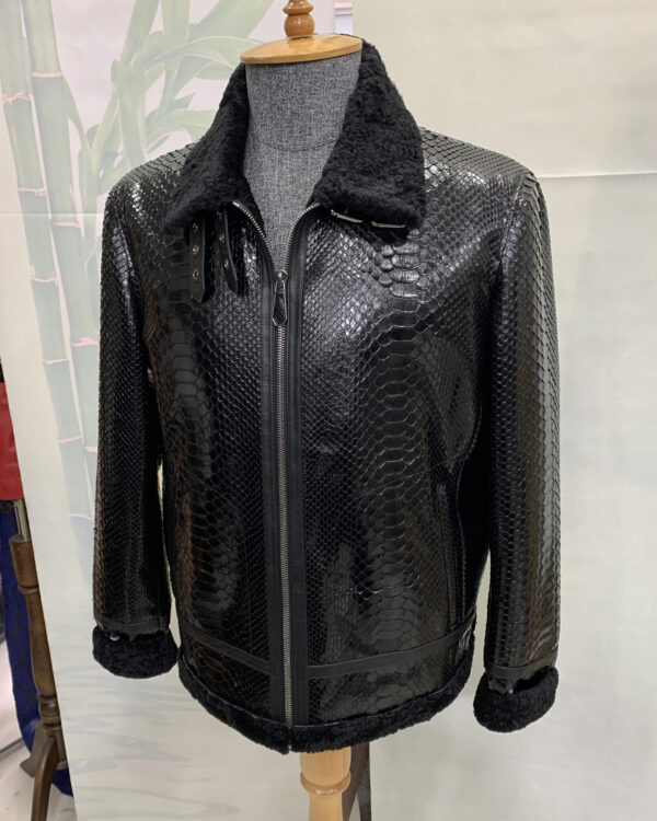 Python Leather Black Shearling Aviator Fur Jacket