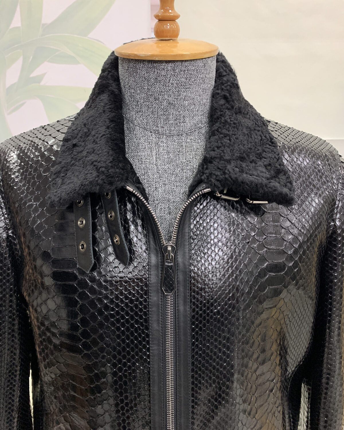 Python Leather Black Shearling Aviator Fur Jacket