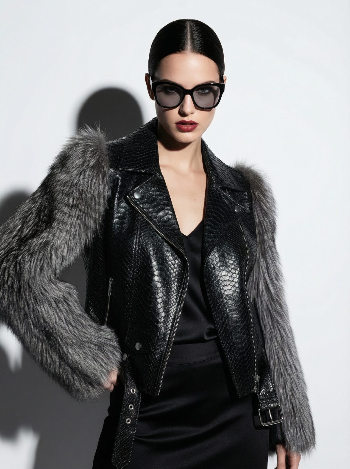 Fox Fur Trim Real Python Leather Black Motorcycle Biker Jacket