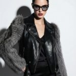 Fox Fur Trim Real Python Leather Black Motorcycle Biker Jacket