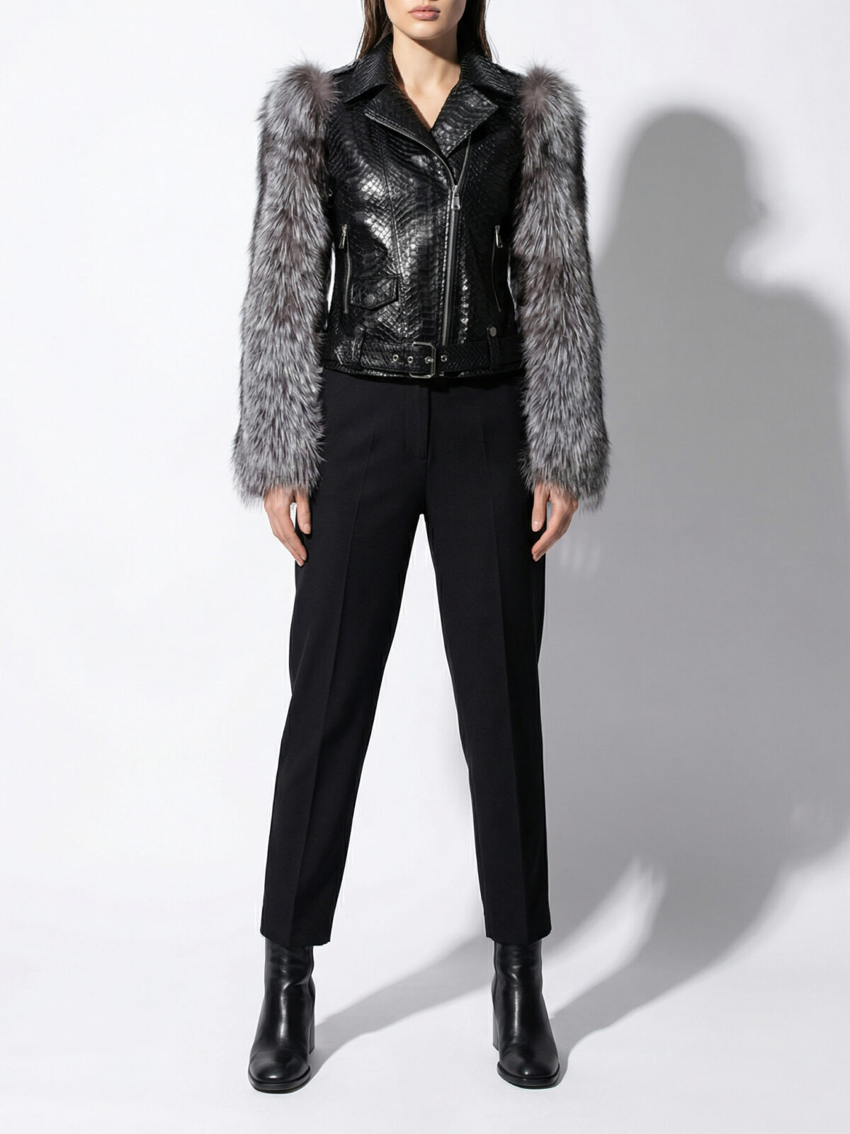 Fox Fur Trim Real Python Leather Black Motorcycle Biker Jacket