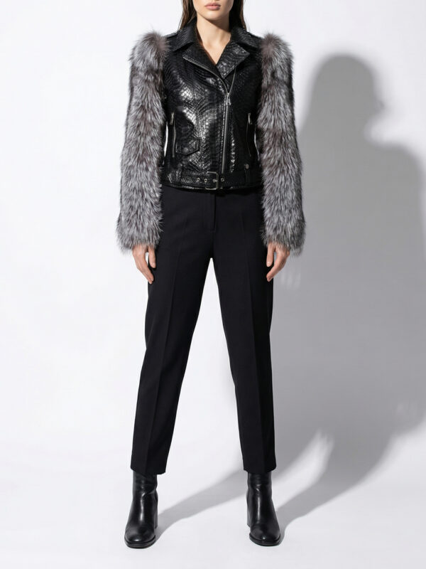 Fox Fur Trim Real Python Leather Black Motorcycle Biker Jacket