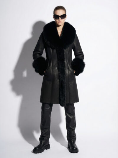Fox Fur Trim Shearling Overcoat – Black
