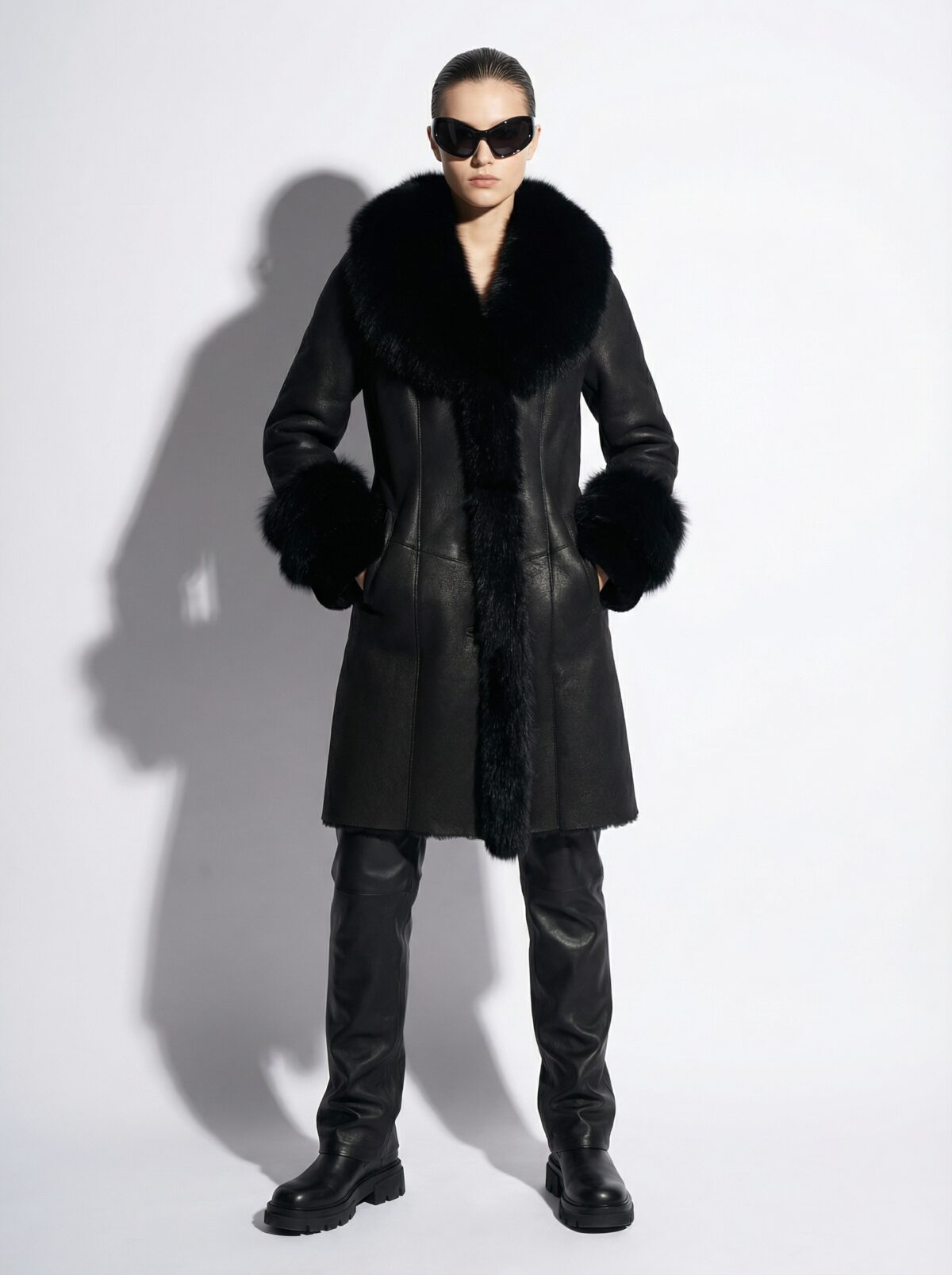 Fox Fur Trim Shearling Overcoat: Women's Black Fur Coat