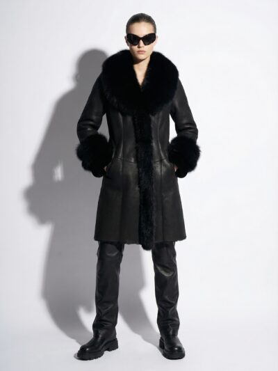 Fox Fur Trim Shearling Overcoat: Women's Black Fur Coat