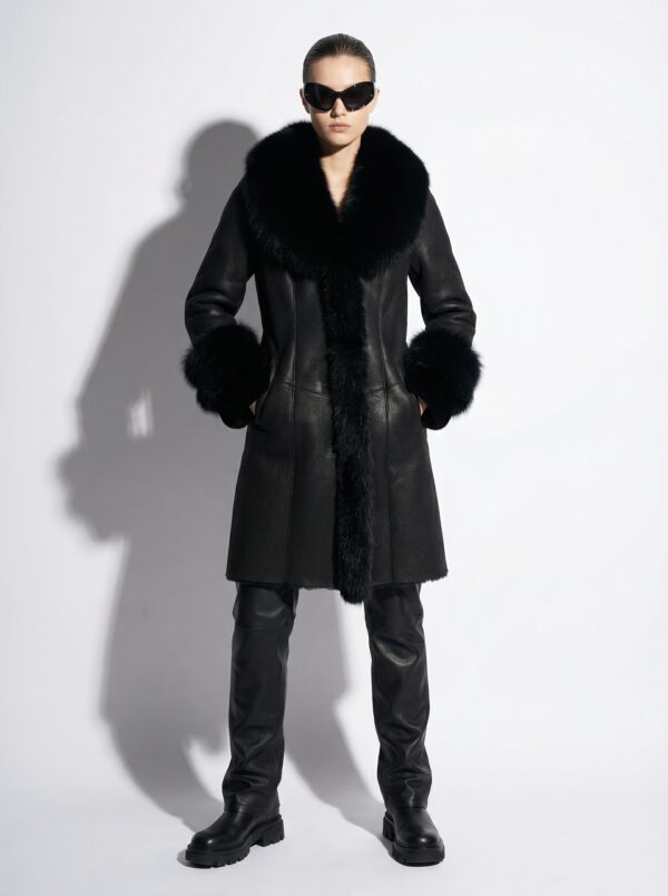 Fox Fur Trim Shearling Overcoat: Women's Black Fur Coat