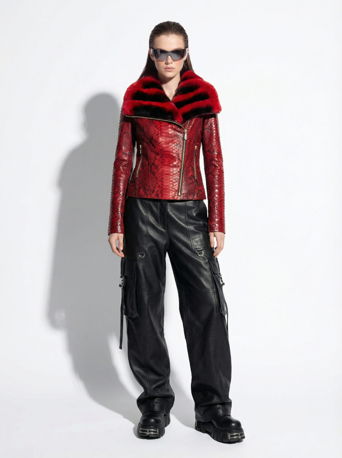 Red Python Jacket With Rabbit Fur