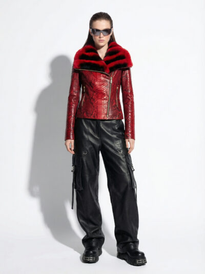 Red Python Jacket With Rabbit Fur