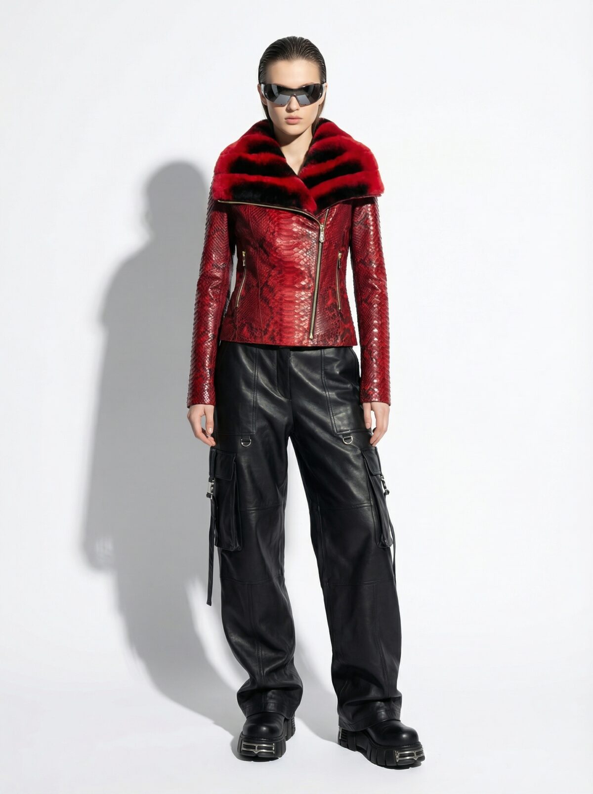 Genuine Python Leather Real Rex Fur Collar Red Exotic Skin Jacket