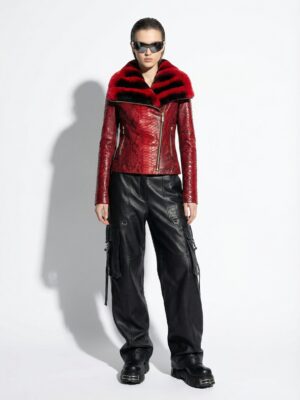 Genuine Python Leather Real Rex Fur Collar Red Exotic Skin Jacket