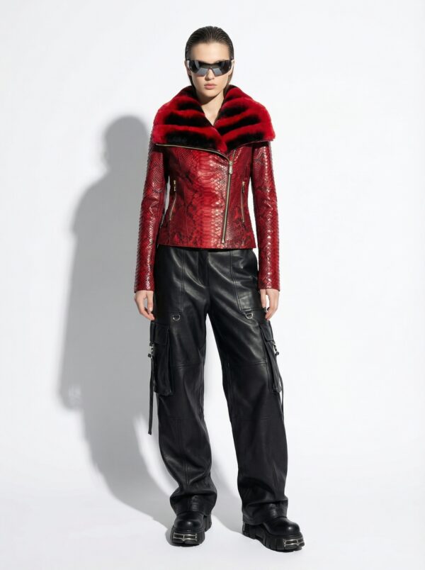 Genuine Python Leather Real Rex Fur Collar Red Exotic Skin Jacket