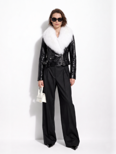 Black Python Biker Jacket with Fox Fur Trim