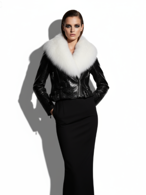 Women's Genuine Python Leather Real Fox Fur Collar Black Exotic Biker Jacket