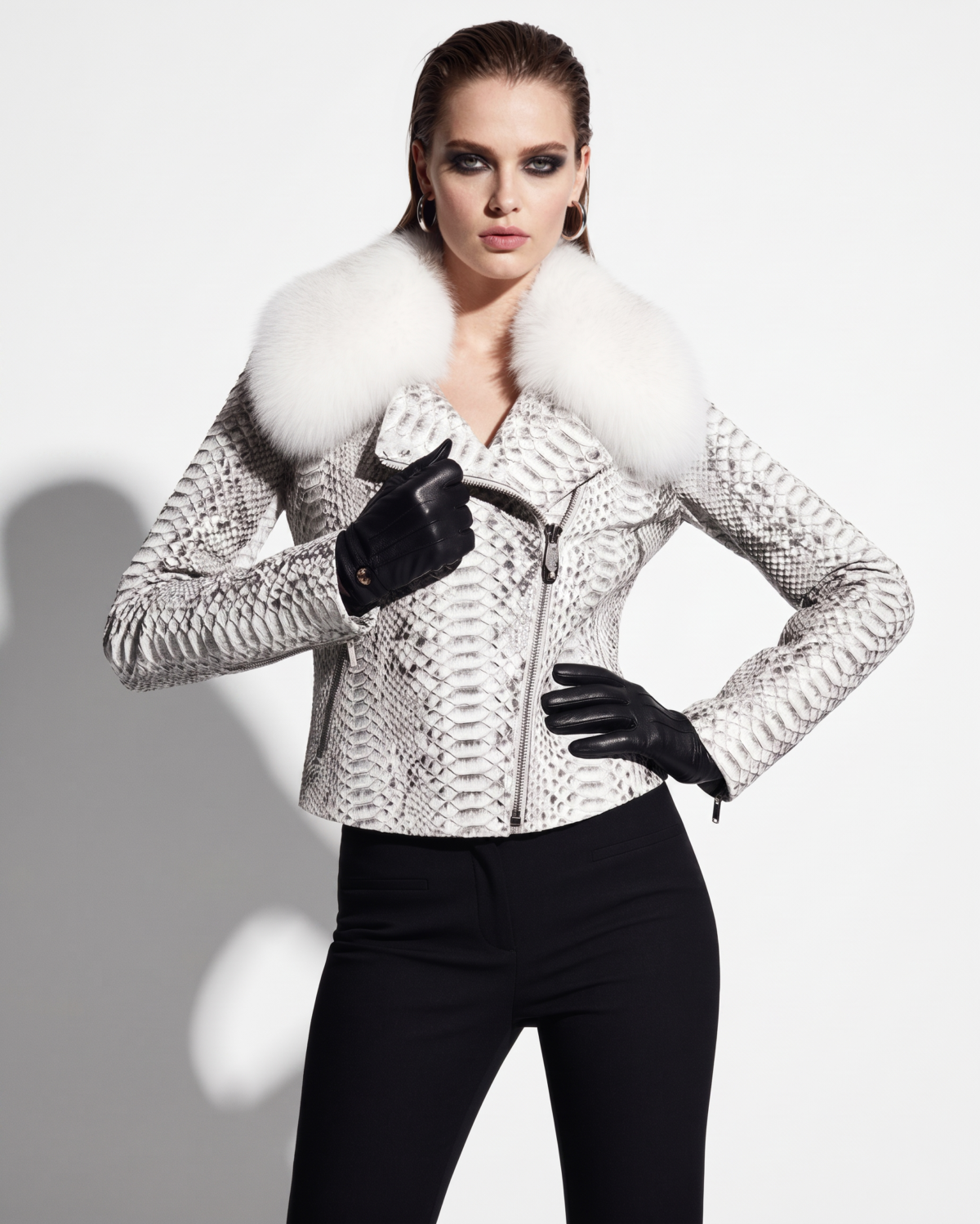 White Python Biker Jacket with Fox Fur Trim