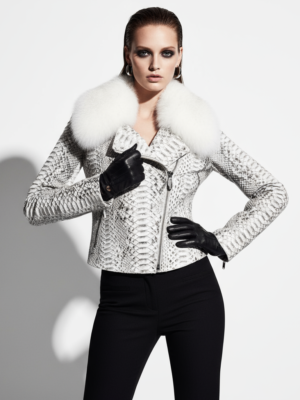Women's Genuine Python Leather Real Fox Fur Collar White Exotic Biker Jacket