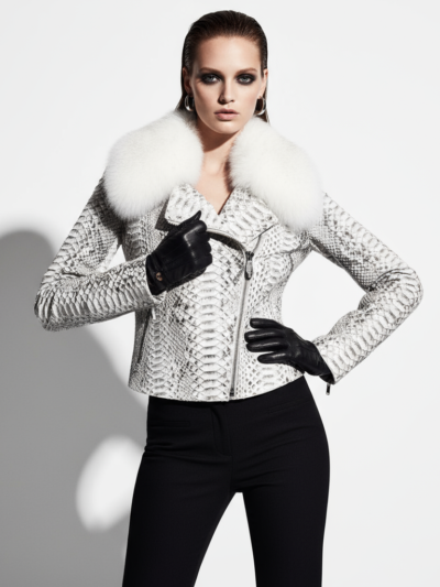 Women's Genuine Python Leather Real Fox Fur Collar White Exotic Biker Jacket