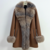 Genuine Crystal Fox Fur Trim Real Shearling Brown Women's Long Fur Coat