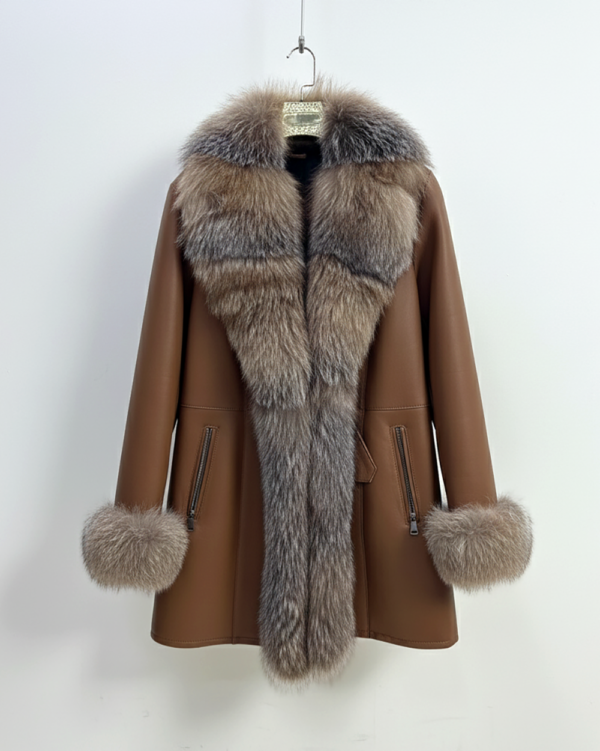 Genuine Crystal Fox Fur Trim Real Shearling Brown Women's Long Fur Coat