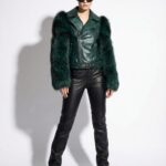 Genuine Fox Fur Trim Real Python Leather Green Motorcycle Biker Jacket