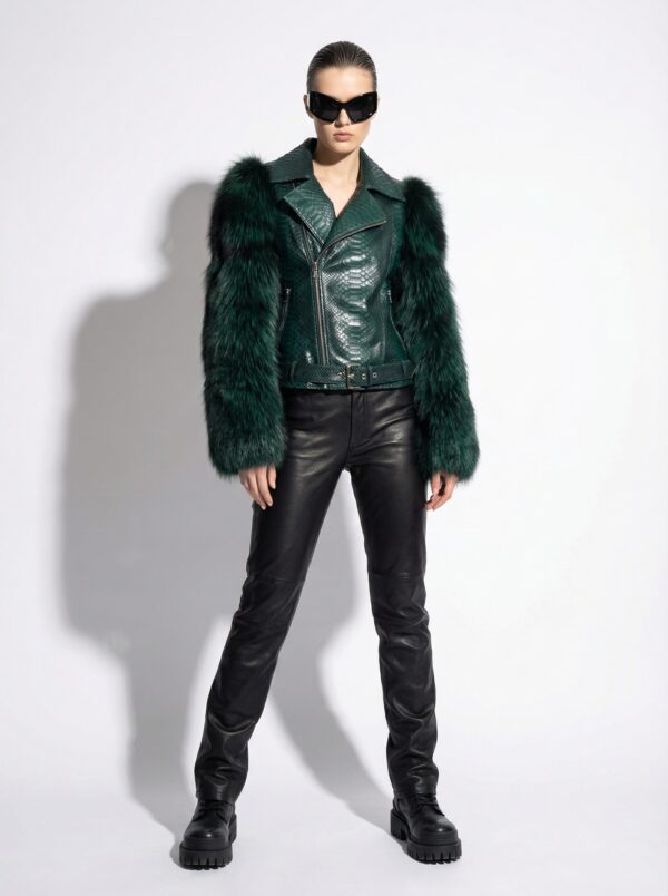 Genuine Fox Fur Trim Real Python Leather Green Motorcycle Biker Jacket