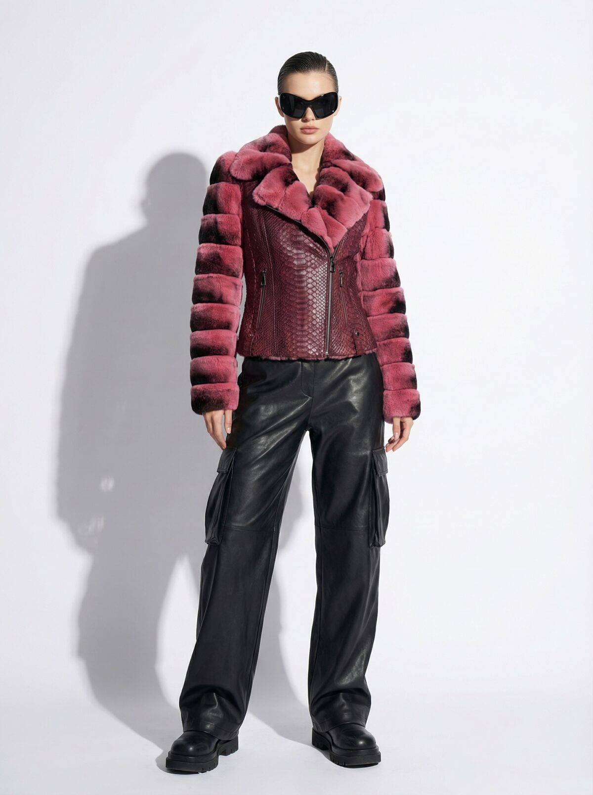 Rex Rabbit Fur Trim Genuine Python Leather Snake Skin Women's Biker Jacket