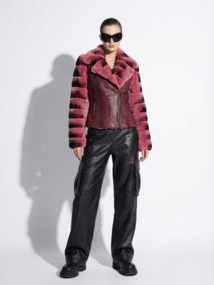 Rex Rabbit Fur Trim Genuine Python Leather Snake Skin Women's Biker Jacket