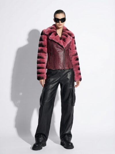 Rex Rabbit Fur Trim Genuine Python Leather Snake Skin Women's Biker Jacket