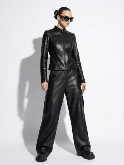 Genuine Python Leather Black Exotic Snake Skin Moto Jacket