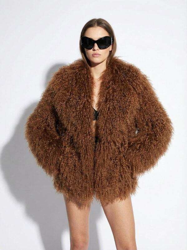 Tan Luxurious Mongolian Lamb Fur Jacket | Curly Sheepskin Shaggy Natural Tibetan Winter Coat