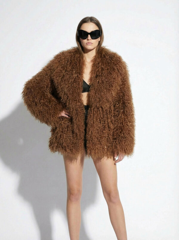 Tan Luxurious Mongolian Lamb Fur Jacket | Curly Sheepskin Shaggy Natural Tibetan Winter Coat