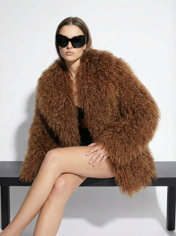 Tan Luxurious Mongolian Lamb Fur Jacket | Curly Sheepskin Shaggy Natural Tibetan Winter Coat