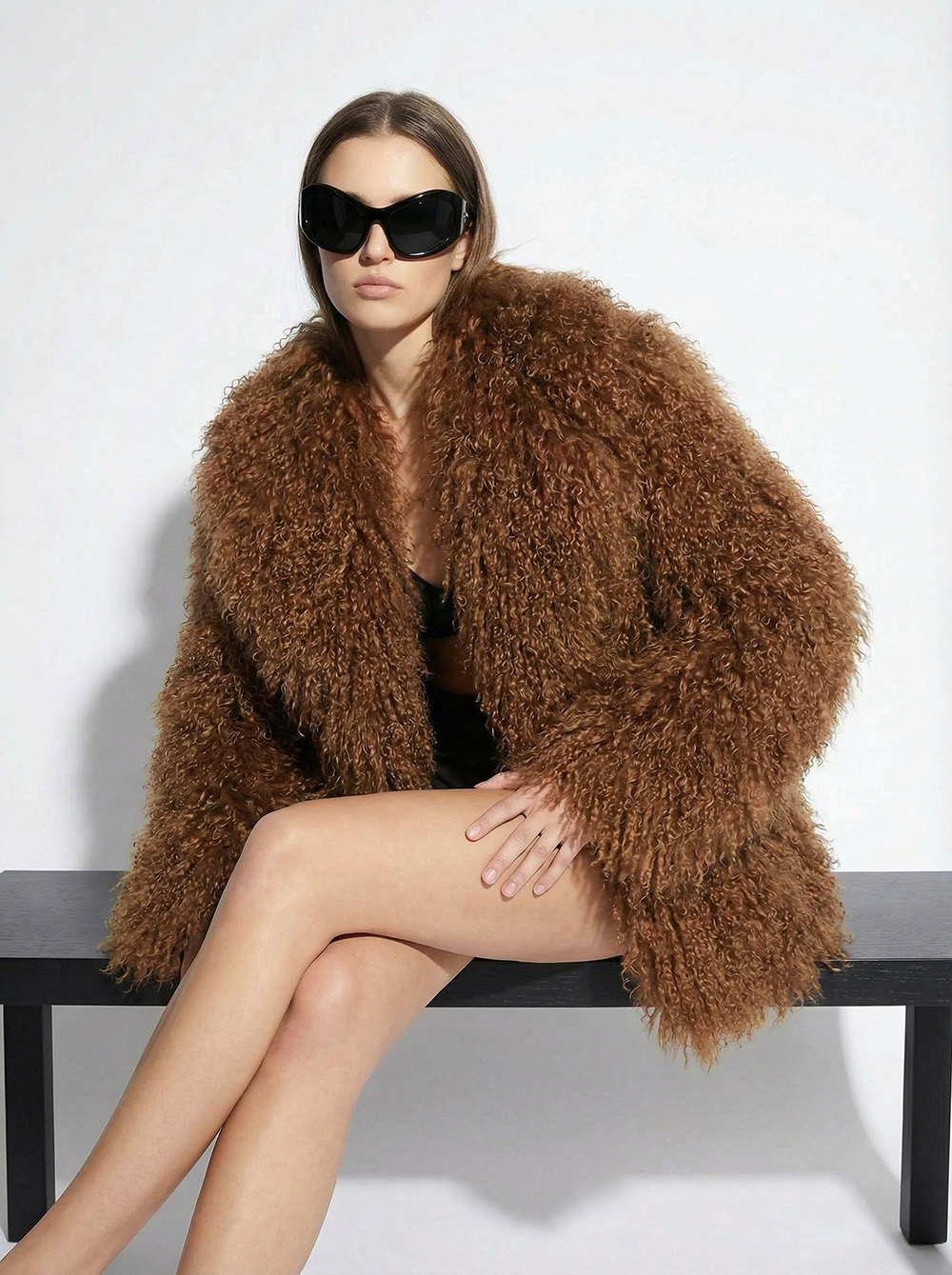 Tan Luxurious Mongolian Lamb Fur Jacket | Curly Sheepskin Shaggy Natural Tibetan Winter Coat
