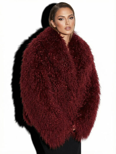 Bordeaux Luxurious Mongolian Lamb Fur Jacket | Burgundy Curly Sheepskin Shaggy Natural Tibetan Winter Coat