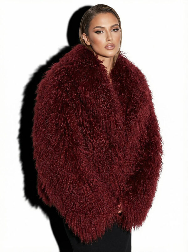 Bordeaux Luxurious Mongolian Lamb Fur Jacket | Burgundy Curly Sheepskin Shaggy Natural Tibetan Winter Coat