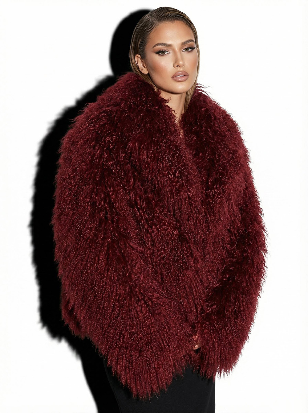 Bordeaux Luxurious Mongolian Lamb Fur Jacket | Burgundy Curly Sheepskin Shaggy Natural Tibetan Winter Coat