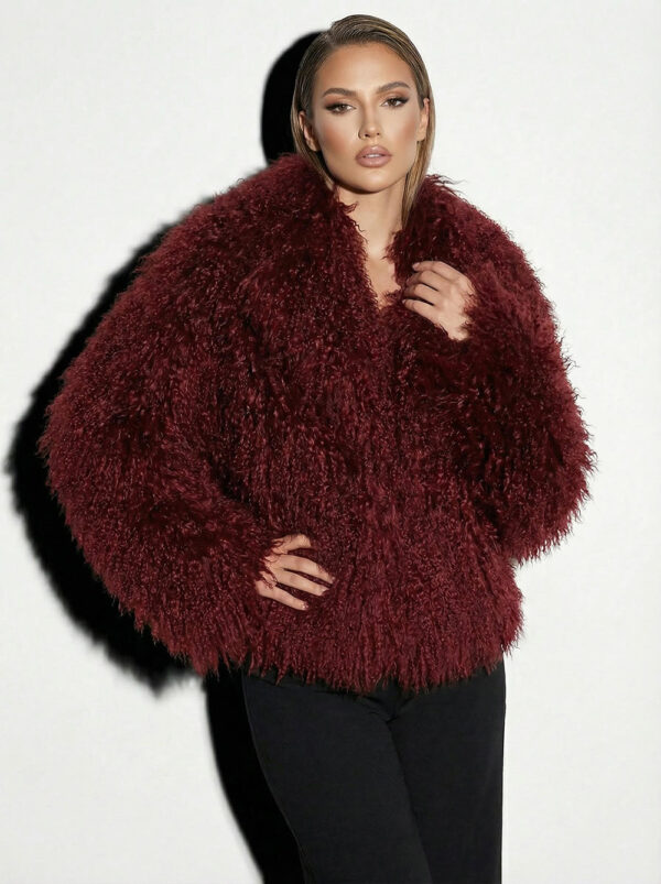 Bordeaux Luxurious Mongolian Lamb Fur Jacket | Burgundy Curly Sheepskin Shaggy Natural Tibetan Winter Coat
